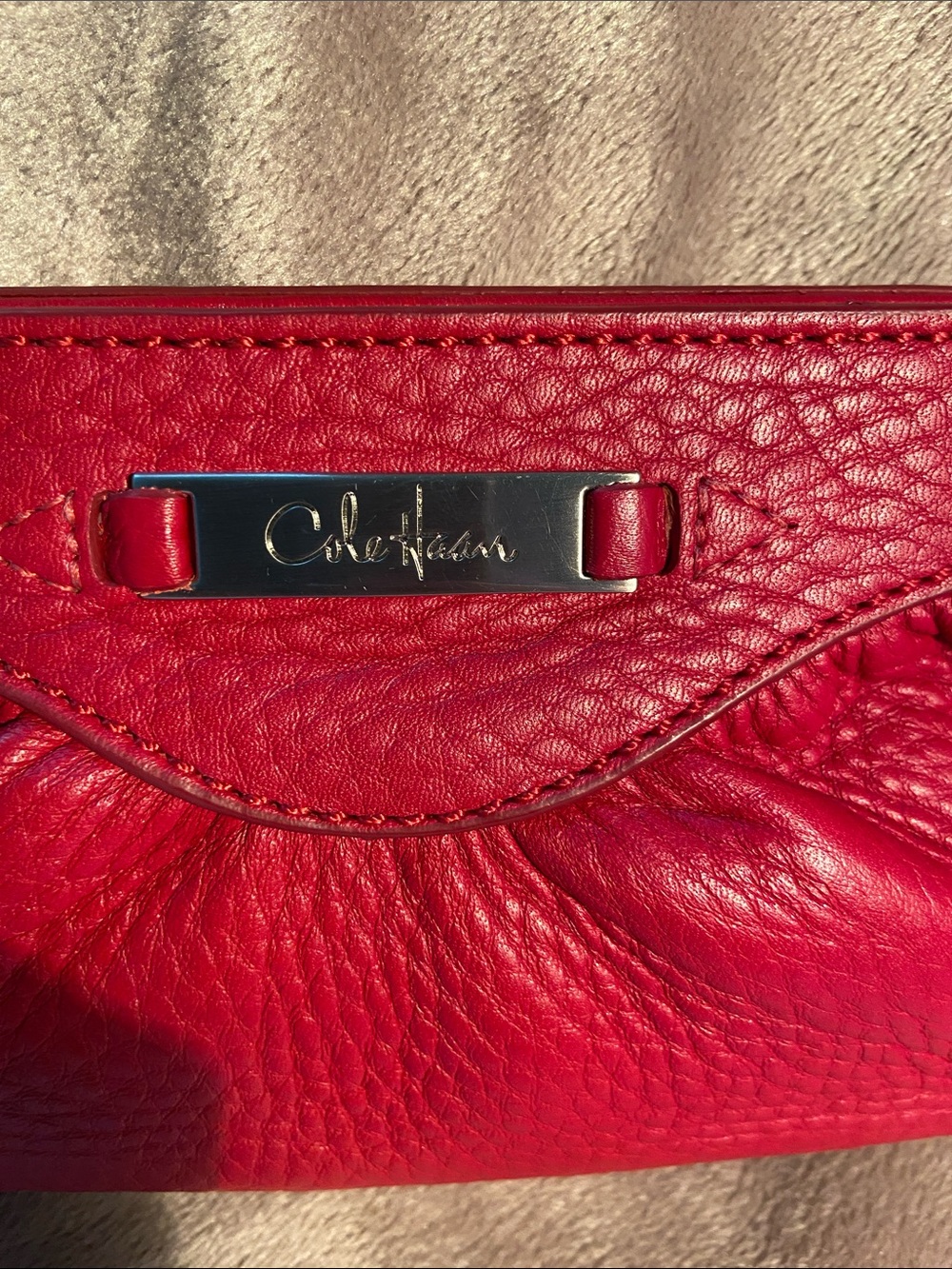 Cole Haan Vintage Village Pleated Pebbled Leather Frame Clutch Purse Red Orange - Picture 2 of 10